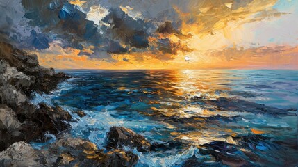 Fototapeta premium impressionist oil painting, beautiful, dramatic, Puglia Sunset in Italy during Summertime