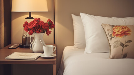 Short Stay or Rental interior, bedside table & pillows.