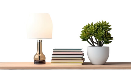 Lamp, books and succulent plant on the shelf against empty wall mockup