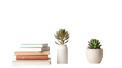 Lamp, books and succulent plant on the shelf against empty wall mockup - obrazy, fototapety, plakaty