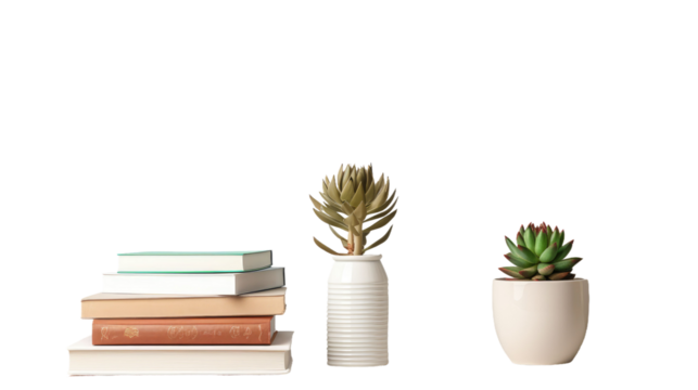 Lamp, books and succulent plant on the shelf against empty wall mockup