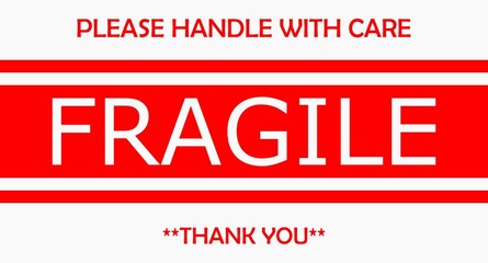 sticker fragile handle with care, white color fragile warning label, fragile label with broken glass symbol, vector, red text - obrazy, fototapety, plakaty