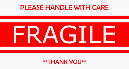 sticker fragile handle with care, white color fragile warning label, fragile label with broken glass symbol, vector, red text
