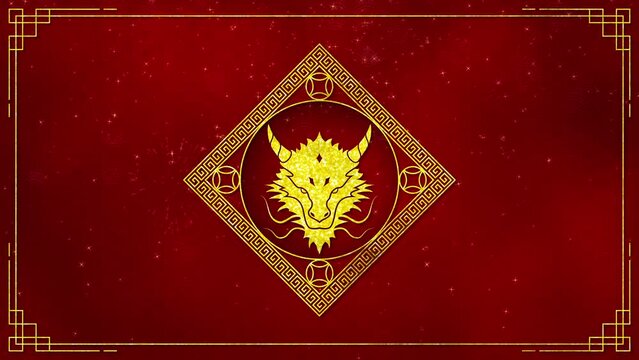 Motion graphic of Golden dragon logo with chinese new year and year of the Dragon 2024 on dark red background and glitter particle in a happy new year concept seamless loop video