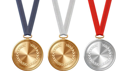 Set of award golden, silver and bronze blank medals isolated on transparent a white background