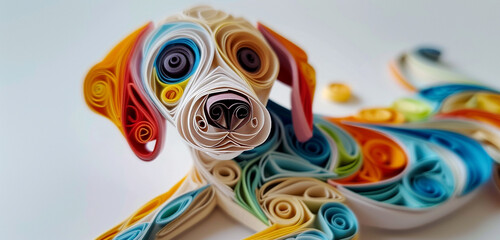 Cute dog, front view, crafted in soft paper quilling with pastel tones; change both paper and dog color for added charm. 8k,