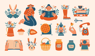 Cottagecore aesthetic. Village, farm life. Set of cute cartoon illustrations. Hand drawn clip arts with reading woman, sitting girl in hat, boots, flowers, rabbit, jars, books, strawberry, basket, pie