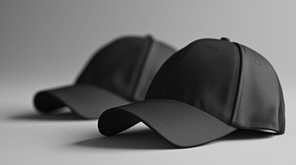 Black baseball caps mockup on a grey background, front and back side. - obrazy, fototapety, plakaty