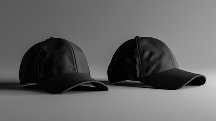 Black baseball caps mockup on a grey background, front and back side. - obrazy, fototapety, plakaty