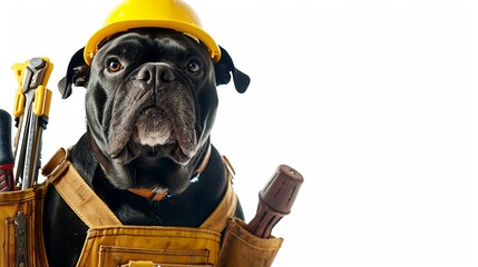 Dog worker in hard hat with tool belt and spirit level pointin away on empty space. Isolated on white background - obrazy, fototapety, plakaty