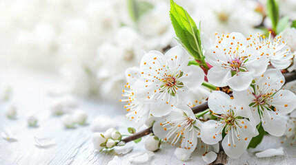 Spring background. Branch of white spring flowers on a white wooden background.