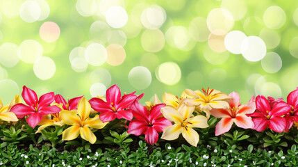 Spring background. Spring tropical flowers in a sunny garden.