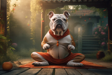 Portrait of a dressed anthropomorphic humanoid dog in a sitting pose in a meditative setting. - obrazy, fototapety, plakaty