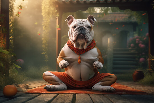 Portrait of a dressed anthropomorphic humanoid dog in a sitting pose in a meditative setting.