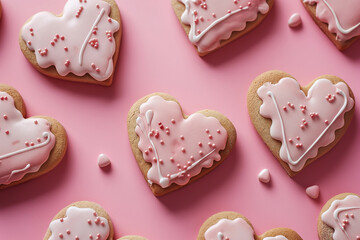 Pink heart shaped cookie background top view Valentine's Day
