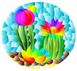 Illustration in stained glass style with a composition of cacti, plants against the background of the desert and the blue sky, oval image