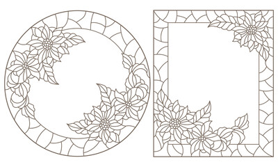 Set contour illustrations of stained glass with floral framework,dark outlines on white background
