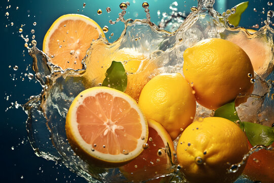 A vibrant image featuring numerous oranges surrounded by a refreshing splash of water