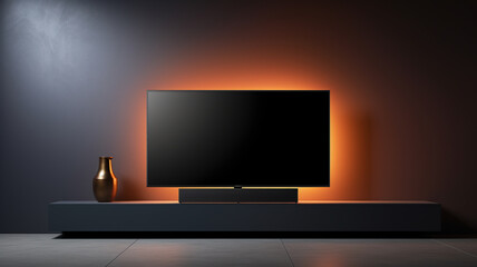 A blank TV screen is shown in a contemporary dark room with a gray sofa. The TV is situated in the living room.