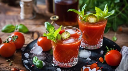 tomato juice and vodka cocktails, tomato juice and vegetables