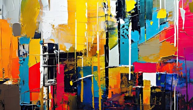 Abstract artwork combines acrylic paint with collage elements
