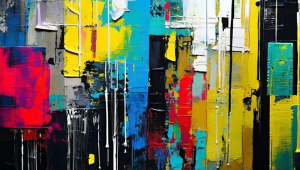 Abstract artwork combines acrylic paint with collage elements