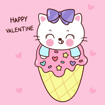 cute cat in valentine ice cream kawaii kitten baby animal card