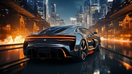 Obraz premium Car is driving through the city, back view. Sports car, futuristic autonomous vehicle. HUD car.