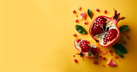 Ripe broken pomegranate fruit with yellow isolated background, generative ai - obrazy, fototapety, plakaty