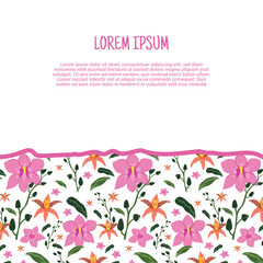 Vector colorful orchid flower and leaves with a seamless pattern background. Vector illustration background.