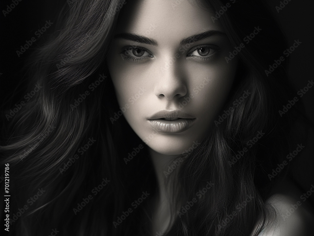 Wall mural Closeup portrait of a stunning woman with flawless complexion and gorgeous hair all in shades of black and white 