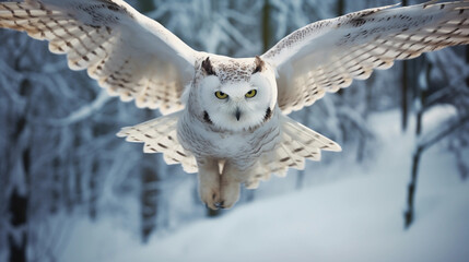 Fototapeta premium Close-up view of flying white Snow Owl in snow in wild in Winter 