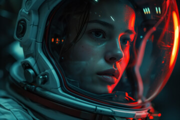 Caucasian woman astronaut. Side view portrait of a beautiful young woman in a spacesuit and helmet looking away, space - obrazy, fototapety, plakaty