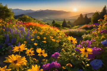 Fototapeta premium A garden with beautiful flowers. Generative AI