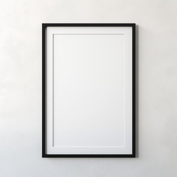 Close up blank poster mock up with fine black frame, wall neutral white color