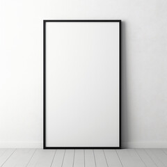 Close up blank poster mock up with fine black frame, wall neutral white color