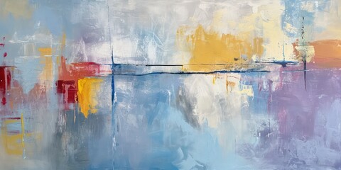 Obraz na płótnie Canvas Abstract oil paint soft blues and greys with hints yellow, and red. lines intersect and overlap, creating a sense of depth and layering within the composition.
