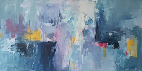 Abstract oil paint soft blues and greys with hints yellow, and red.  lines intersect and overlap, creating a sense of depth and layering within the composition.