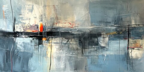 Abstract oil paint soft blues and greys with hints yellow, and red.  lines intersect and overlap, creating a sense of depth and layering within the composition.