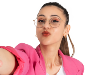 Taking selfie, young caucasian brunette businesswoman taking selfie. Sending air kiss to camera. Close up portrait. Transparent png image girl wearing formal pink jacket and glasses.