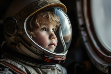 Astronaut child, side view of the face of a cute kid in a spacesuit and helmet looking away - obrazy, fototapety, plakaty
