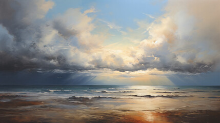 Fototapeta na wymiar Paintings sea landscape clouds over water storm