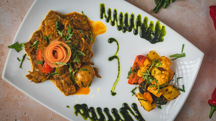 Chicken curry with sliced green chilies, peppers, served with roasted vegetables and mint sauce