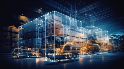 Double exposure background of technology logistic container airplane against modern warehouse full of many transportation business car, truck shipping products in cardboard boxes indoors at night