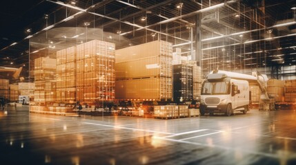 Double exposure background of technology logistic container airplane against modern warehouse full of many transportation business car, truck shipping products in cardboard boxes indoors at night