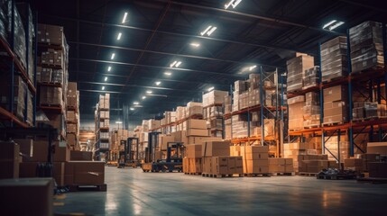 Background of a large warehouse full packaging of cardboard boxes on shelves indoors, commercial logistic cargo transportation, storehouse shipping distribution business area with no people working