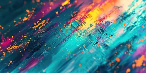 Schilderijen op glas Colorful oil paint Glow on l Blue Background. © Fayrin