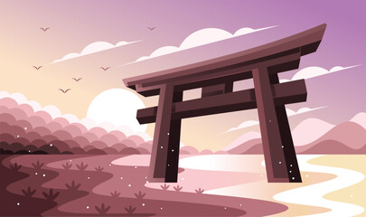 Torii Gate Japan in Beach Illustration