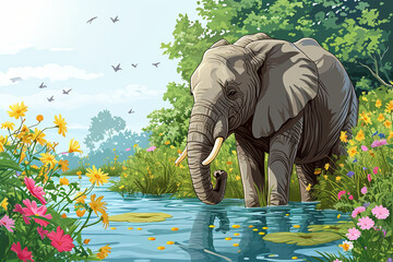 illustration of an elephant in water - obrazy, fototapety, plakaty