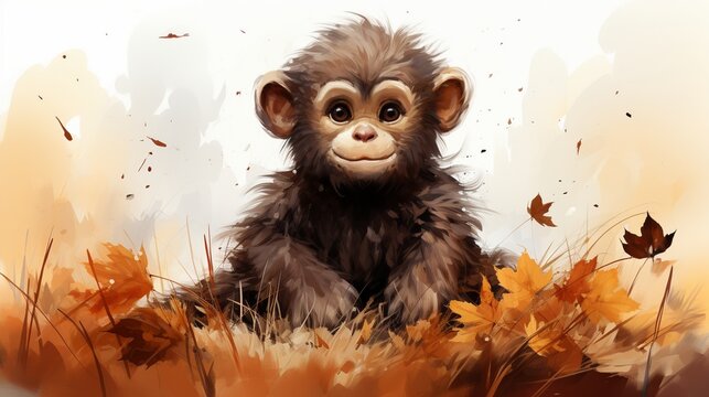 cute baby monkey sitting on the grass with leaves painted in watercolor on a white isolated background.